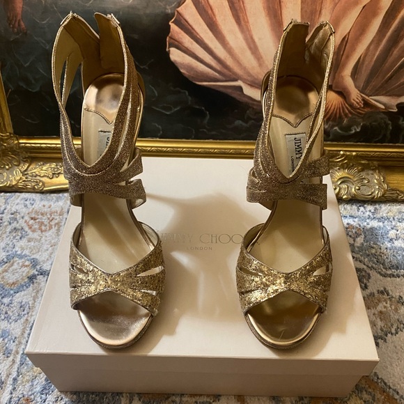 Authentic Jimmy Choo gold glitter zip up metallic sequin stiletto heels size 40 - Picture 6 of 10